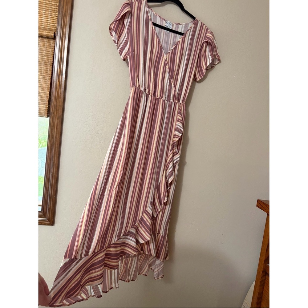 Naïf Striped Faux Wrap High Low Dress Large Ruffle Flutter Sleeve Boho Midi